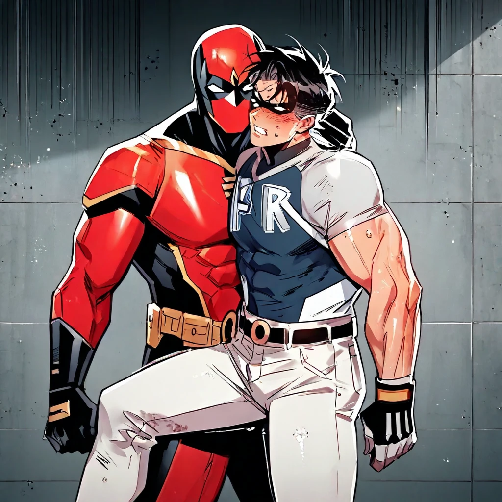 2 person full-body:2.0, full view from afar on two boys full-body Jason Todd getting facefucked by Nightwing:1.7, blowjob scene in night :: Jason Todd sitting on his knees, small brown pink gradient penis:1.5 with glans and heavy testicles, Jason Todd has gray costume, belt, black gloves, Jason Todd's head is full covered with bright tight red colored metal mask:2.5 :: Nightwing has arrogant rough face, Nightwing costume is blue and black colored