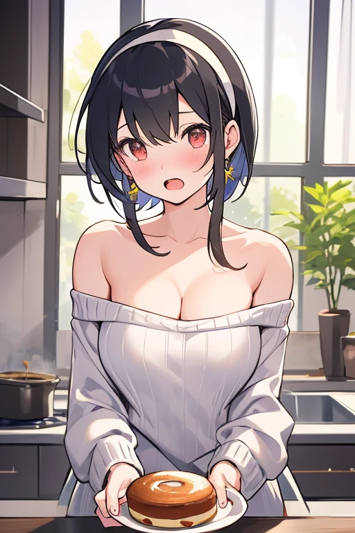 masterpiece, yor, 1girl, Bust A Cup, Amazing Cleavage:1.3, thin waist, big ass, Raised sexy, big breast: 1.2 posed cleavage:1.2、solo, looking at viewer, open mouth, have a cute grass of cute beergrass,black hair, red eyes, dress, bare shoulders, jewelry, collarbone, sidelocks, hairband, earrings, indoors, off shoulder, :o, sweater, arms behind back, plant, short hair with long locks, white hairband, off-shoulder dress, sweater dress, off-shoulder sweater, red sweater, big side hair, very long side hair,is rendered in (masterpiece: 1.2, best quality), with (ultra high resolution) and an exquisite (depth of field). This masterpiece is not only visually stunning but also tells,A scene of cooking in the kitchen

