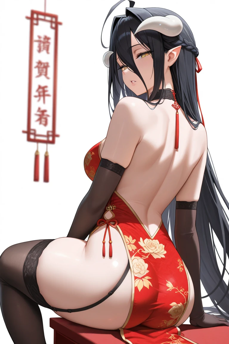 (The same character,front,side,back)White background,(whole body)Female spider spirit,Black hair,Red eyes,Wearing cheongsam,There are six legs behind,whole body像,Equal proportions,Same clothes,Same shoes,有side,有front,有back