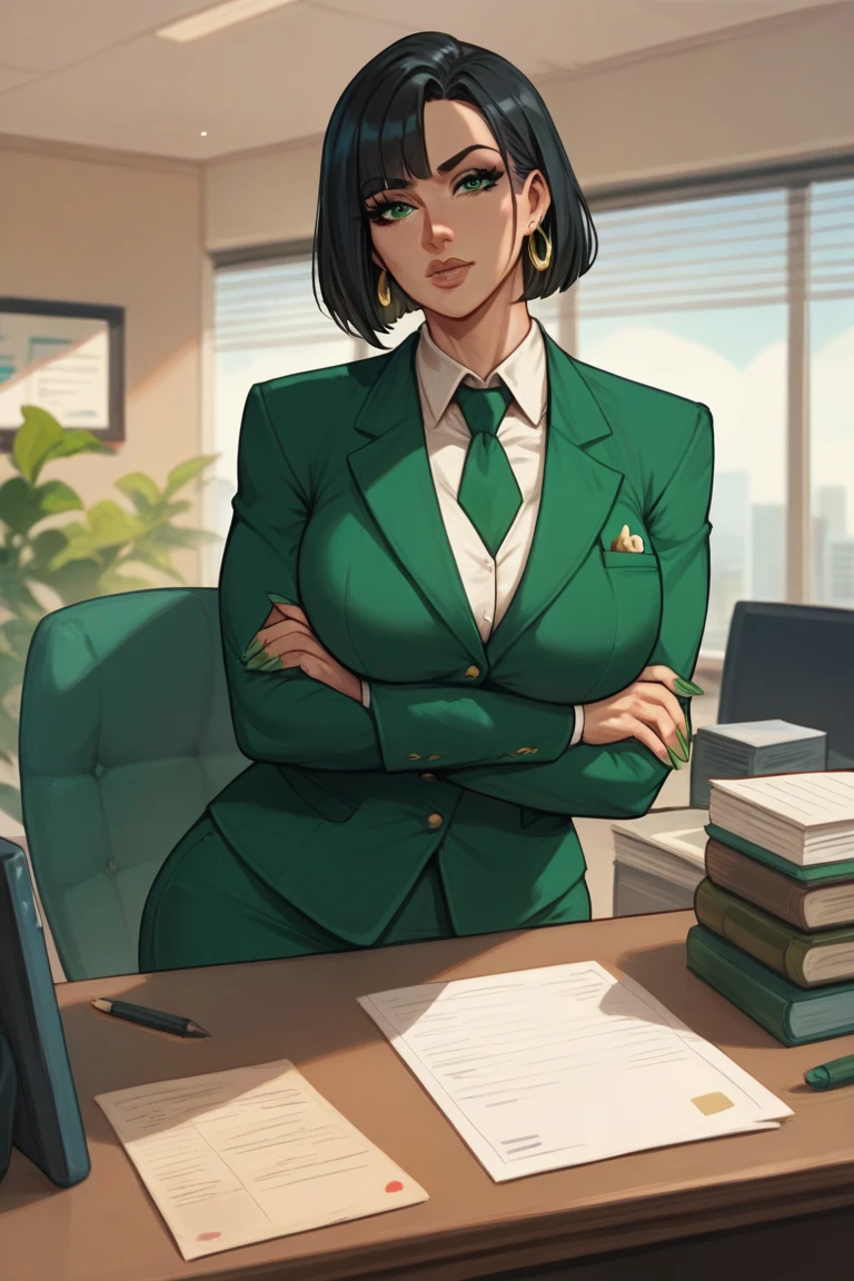 women,brown curly hair, brown eyes, glasses, oliv green BLazer Officer Uniform, oliv green Trousers, medium breast, standing in a office