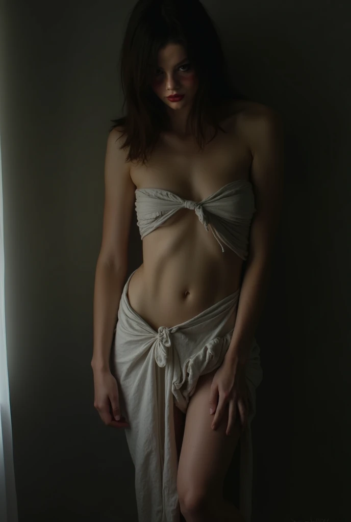 Asuka, 1 girl, paracaidismo, 8k, La mejor calidad, proud expression, serious expression, RAW photo, photo hyper-realistic, portrait of a very skinny girl in a bikini, full body photo, ((very skinny body: 2.0)), ((very thin complexion: 1.90)), ((beautiful anorexic girl: 2.0)), ((beautiful face)), ((very skinny girl)), brown hair, ((skinny girl of 17 years old in a bikini)), (very detailed skin: 1.20), 8k UHD, DSLR, ((delicate and pretty face)), dim lighting, ((small breasts:2.0)), ((flat breasts: 2.0)), ((very small waist)), ((visible bones)), ((visible ribs: 2.0)), thin arms, thin thighs, narrow hips, high quality, film grain. ((white wall background)).