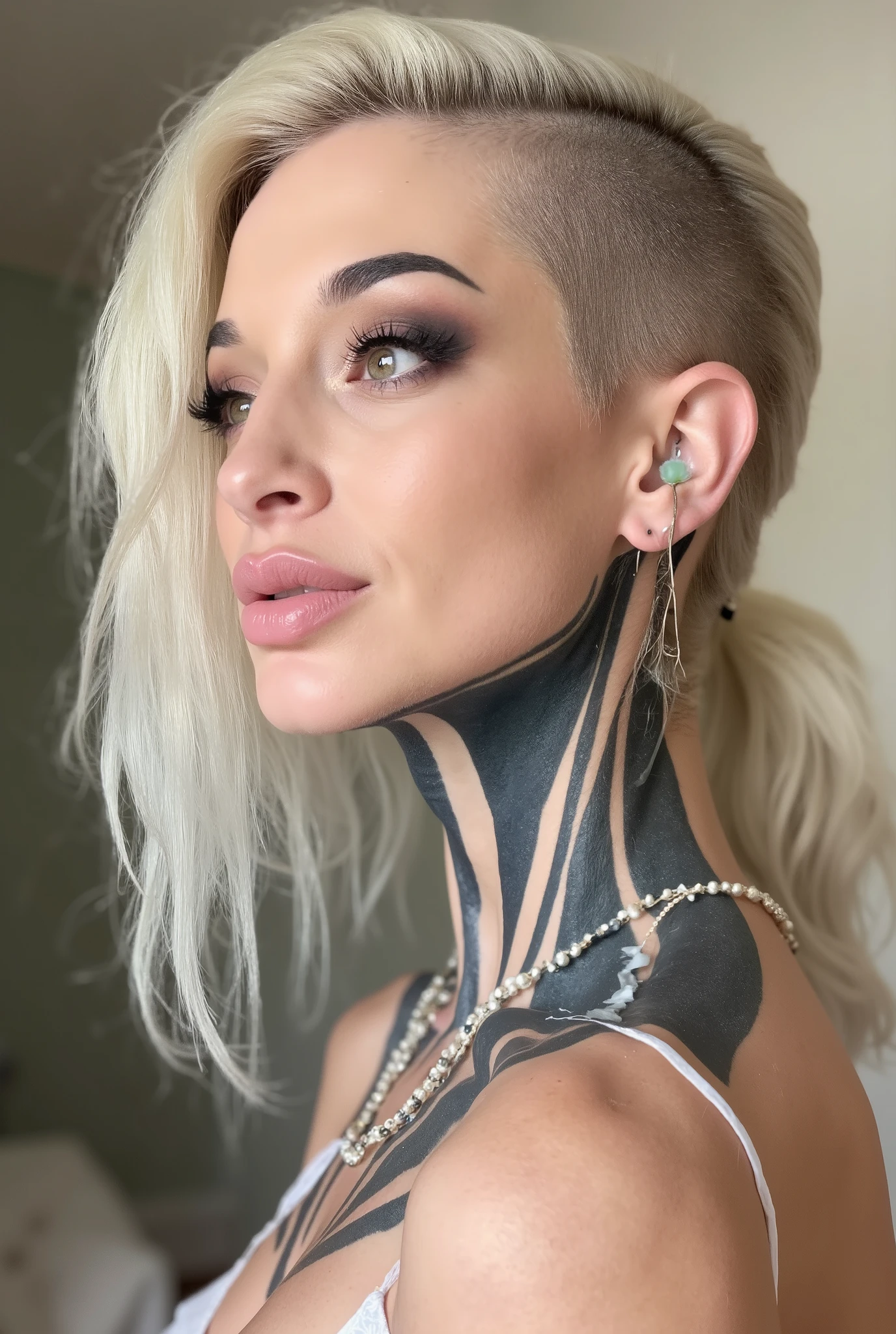 a close up of a woman with blonde hair and a white dress, natalie dormer, white hime cut hairstyle, shaved hair, wavy hair combed to one side, shaved head, sydney sweeney, undercut hairstyle, half shaved haircut, dakota fanning, pale skin curly blond hair, a girl with blonde hair, looking off to the side, looking to the right