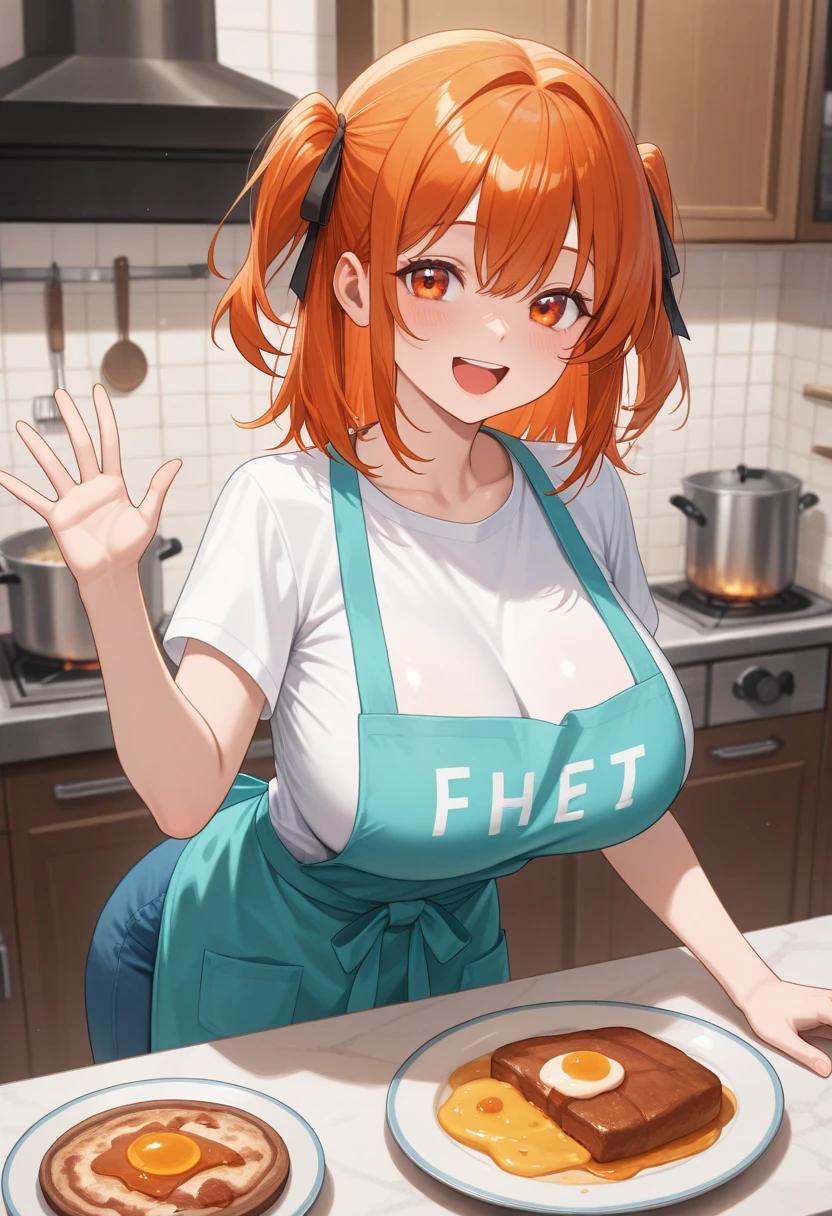 score_9, score_8_up, score_7_up, source_anime, 1girl, solo, boob window, cow pattern crop top, no bra, big tits, standing, holding a tray of burned food, gown, cooking, kitchen, hellsing, seras victoria, front view, looking at viewer, embarrassed, shy, burnt food, charred burnt food, charcoal burned food, ginger hair