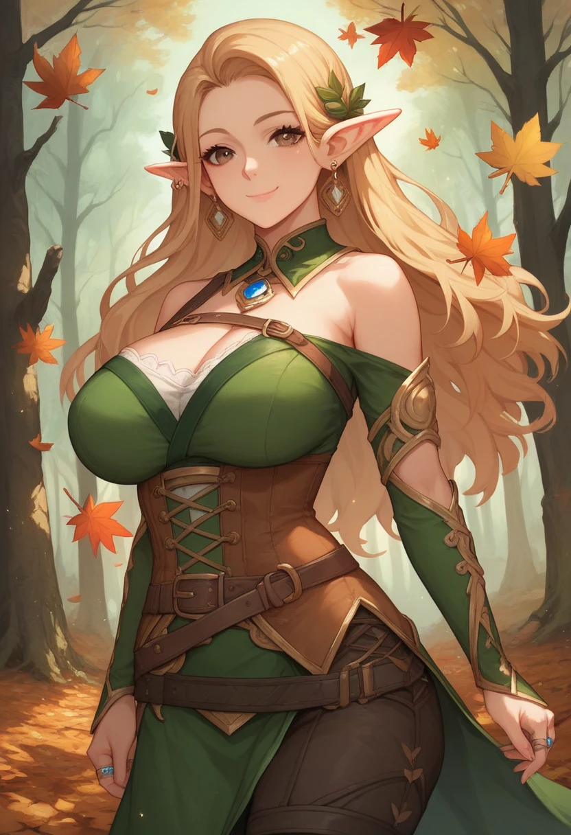 dryad, huge breasts, thick, very long green hair, flowers in hair, vines in hair, leaves in hair, deep cleavage, brown eyes, full lips, smiling, happy, modern outfit