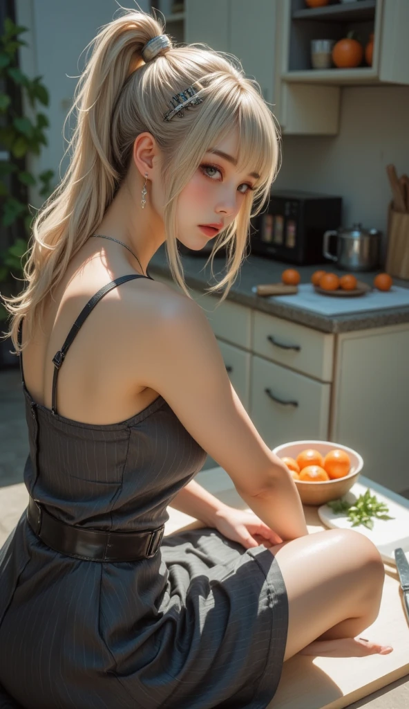 masterpiece, top quality, Slim, Photos are real, high resolution, glowing skin, Brush lightly, big breasts, long hair, blonde, colorful hair, red eyes, long eyelashes, jewelry, earrings, perforation, Nude apron, light green plaid apron, blonde, In the kitchen, cooking, blush, no underwear, overly gendery, gendery look, open mouth, side breasts, bottomless, full face blush, 1 girl, gender, green apron, green plaid apron, no shirt, sleeveless, bare shoulders, looking at camera, saliva, ahegao, large mane, genderual position, 16k