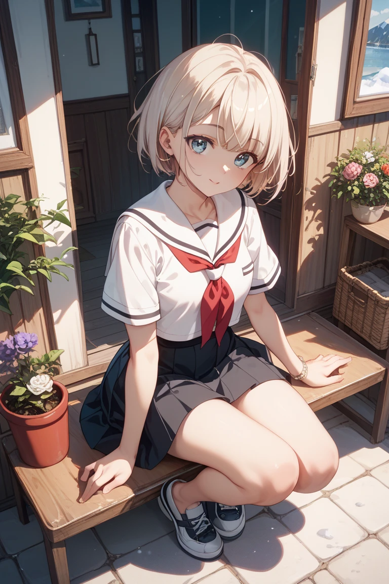 highest quality、Masterpiece、Ultra-high resolution、8k、Summer sky、early summer、((Lori))、(((Petite)))、Dynamic pose、Look this way、Eyes closed, open mouth smile、((Short sleeve、Short skirt))、1 person、Soft line art、Soft drawing、Beautiful Hair、Thighs、Sitting