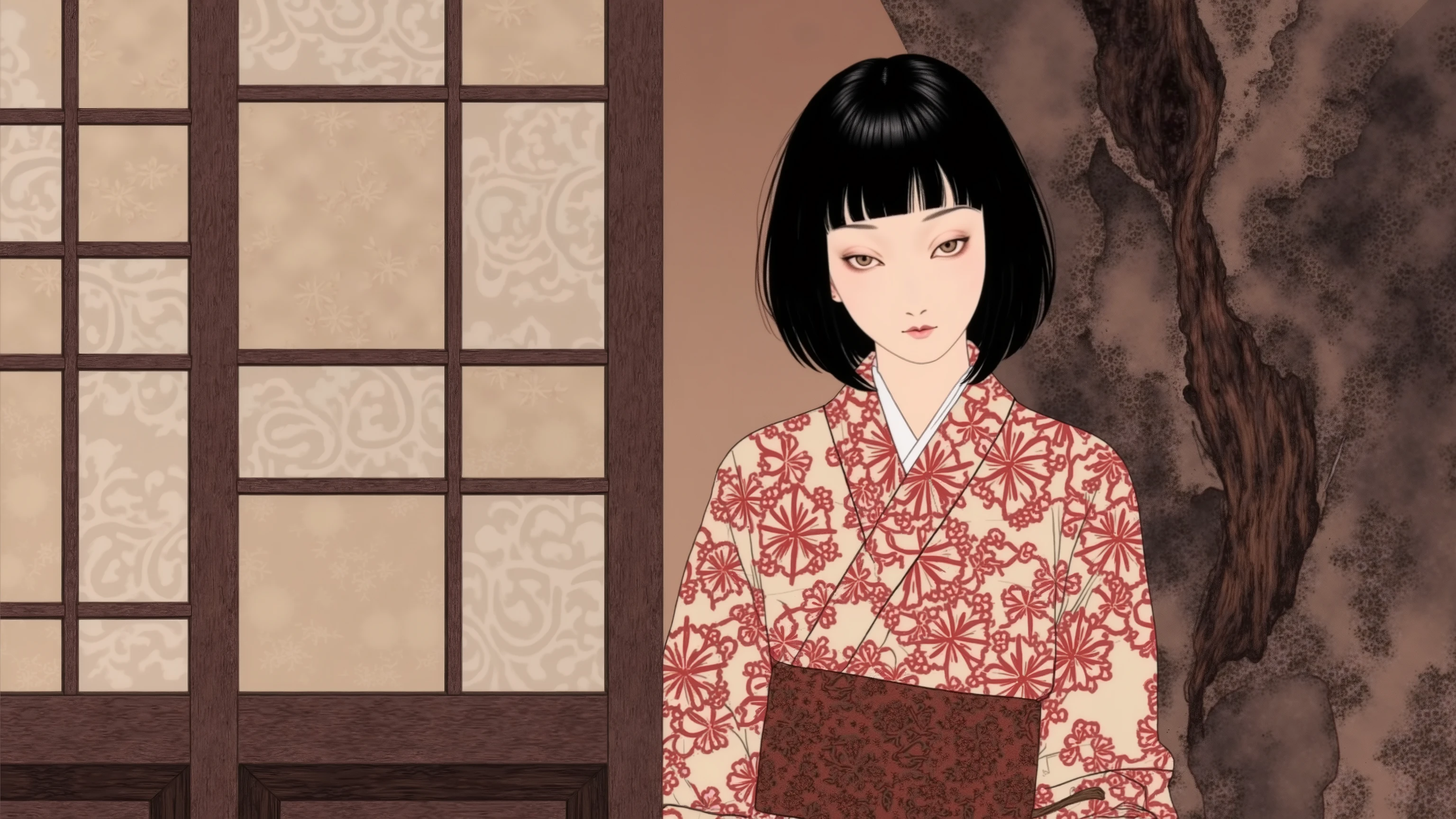 1 woman,portrait,semi short hair,wearing vibrant pattern kimono,in japanese room