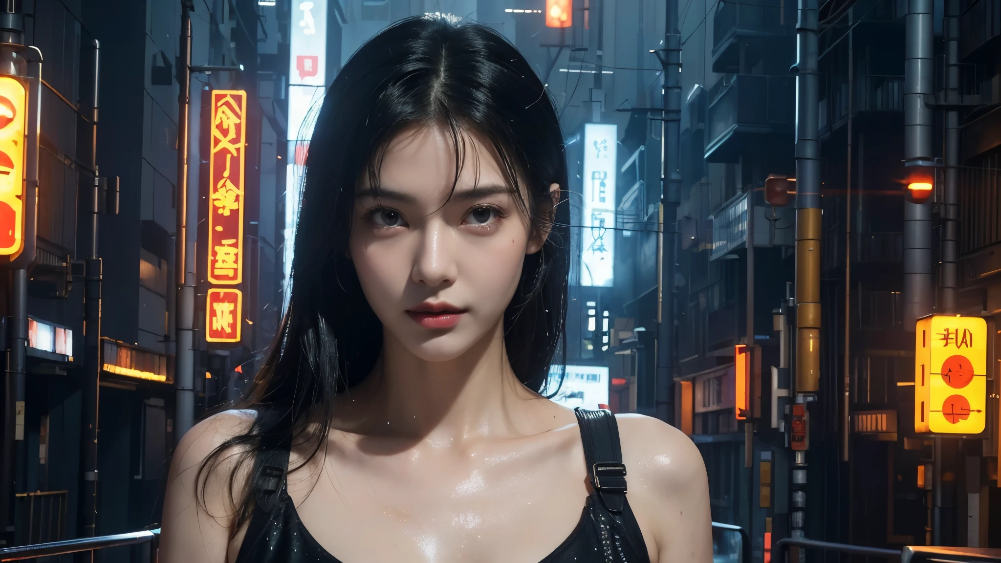  masterpiece,best quality,high resolution, 8,000,(Portrait Photos:1.5),(R Original photo),Real Photos,Digital photography,(Cyberpunk Style的城市街头，Bustling city streets，Neon sign，After the Rain，Mist，steam),(female), 20 year old girl, random hairstyle,Through Bangs,( big breasts，Keep your mouth shut，Keep silent,Elegant and charming ,Smile，Cyberpunk Style，（Mecha），Photo poses, Realisticstyle, oc rendering reflective texture， Upper Body Lens ，looking into the camera