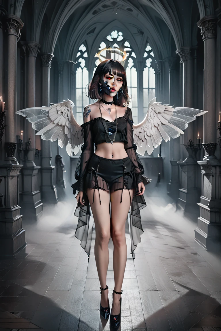 Epic CG masterpiece, a woman dressed in an angelic outfit in chains, delicate face, hdr,dtm, full ha,8K, ultra detailed graphic tension, dynamic poses, stunning colors, 3D rendering, surrealism, cinematic lighting effects, realism, 00 renderer, super realistic, full - body photos, super vista, super wide Angle, rich details, highest quality, extremely exquisite, Black background1girl, chain, wings, solo, blindfold,  jewelry, veil, choker, ring, own hands together, angel wings, feathered wings, ((covered eyes)),
 <lora:Angel_20231023144902:0.35>
tutututu, black short sleeveless dress, see-through,
 <lora:tutuxem_0008:0.7> <lora:Aurora_5D_black_pantyhose:1.2>