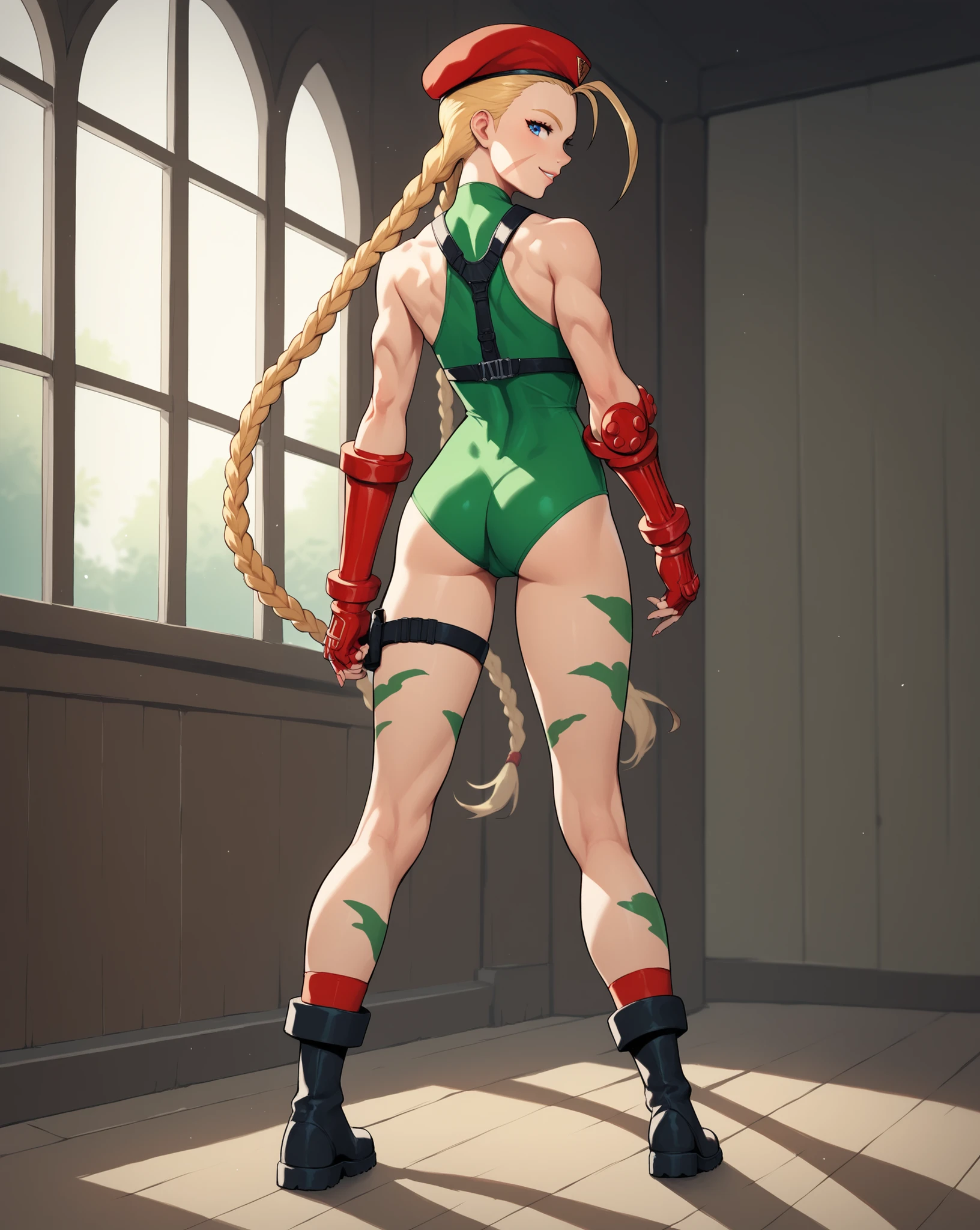 CammyWhiteSFXL, age, Adolescent, scar on the cheek , blue eyes, blond hair, Long hair , double braids , antenna hair , camouflage, Red Beret, big , bare shoulders , green swimsuit, black harness, red gloves, fingerless gloves , black boots, Alone, full body costume , standing, back to the viewer, in seductive pose, seductive smile , looking at the spectator, Inside the house