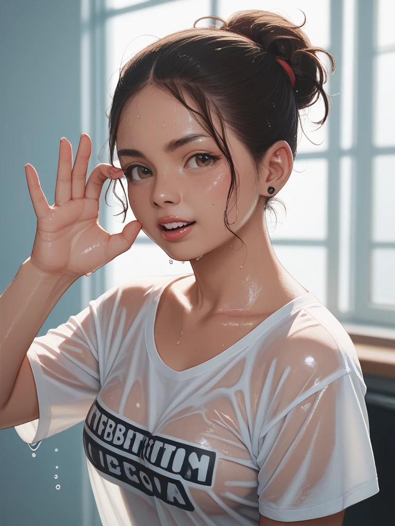 one girl, solo, (open stomach, bare stomach:1.3), slender body, fit body, (upper body, bust:1.2), (black eyes:1.3), black hair, (two cute braids:1.2), masterpiece, highly detailed, look at viewer, front view, (small breasts, tiny breasts, male chest, exposed breasts, deep cleavage:1.5), (transparent white t-shirt, wet t-shirt, choker:1.4), (studio lights, blured background, glowing edges of image, shiny blured background, gradient sprayed background, colorful background:1.3), expressing joy, (nipples:1.1)