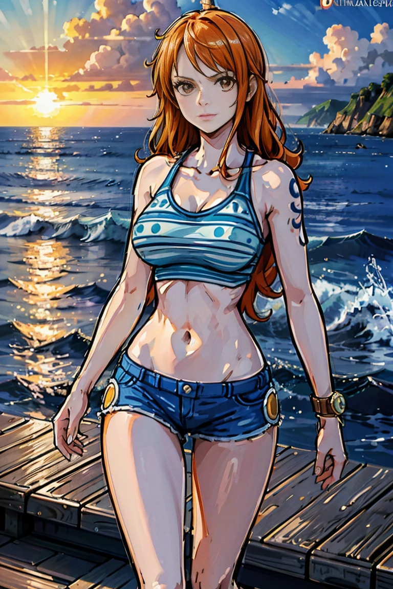 (masterpiece), best quality, expressive eyes, perfect face, detailed hands, detailed anatomy, perfect anatomy, nami, Orange Hair, skinny jeans, beach background, big ass, detailed background, one girl, hentay style, sexy pose, 1 girl, solo, sez face saliva. without bra