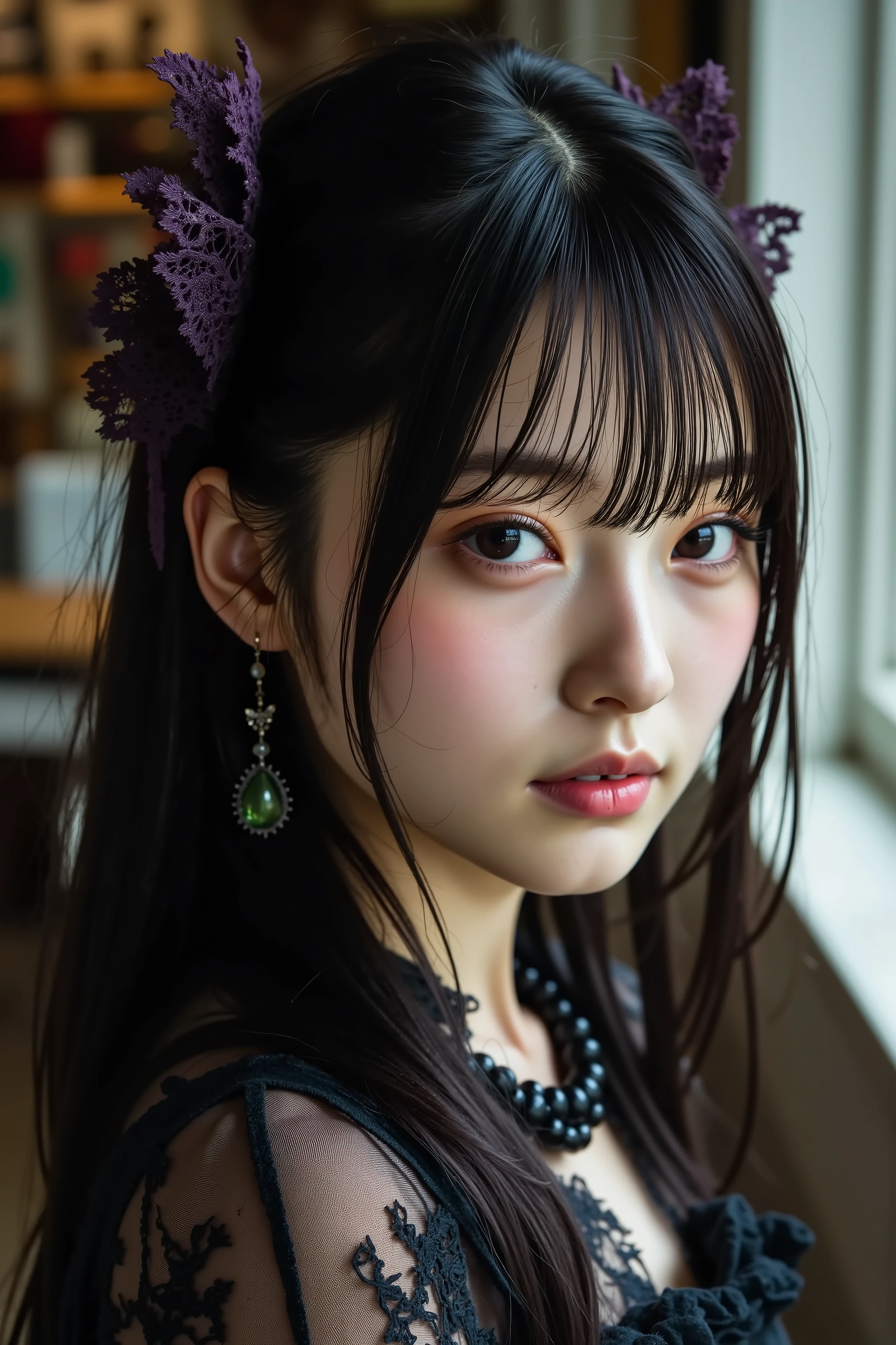 (masterpiece, Highest Quality:1.2), 1 girl, solo, A cinematic masterpiece portrait of a young Japanese woman with long, The flowing black hair is graceful Styled , adorned with intricate purple lace hair ornaments and delicate jewelry. This image、It features a realistic style with attention to detail, focuses on delicate features such as dark eyes, soft lips , She also has a few moles. She is wearing a gothic costume with a lace texture and a black necklace, The warm lighting enhances the atmosphere on the soft blurred background.