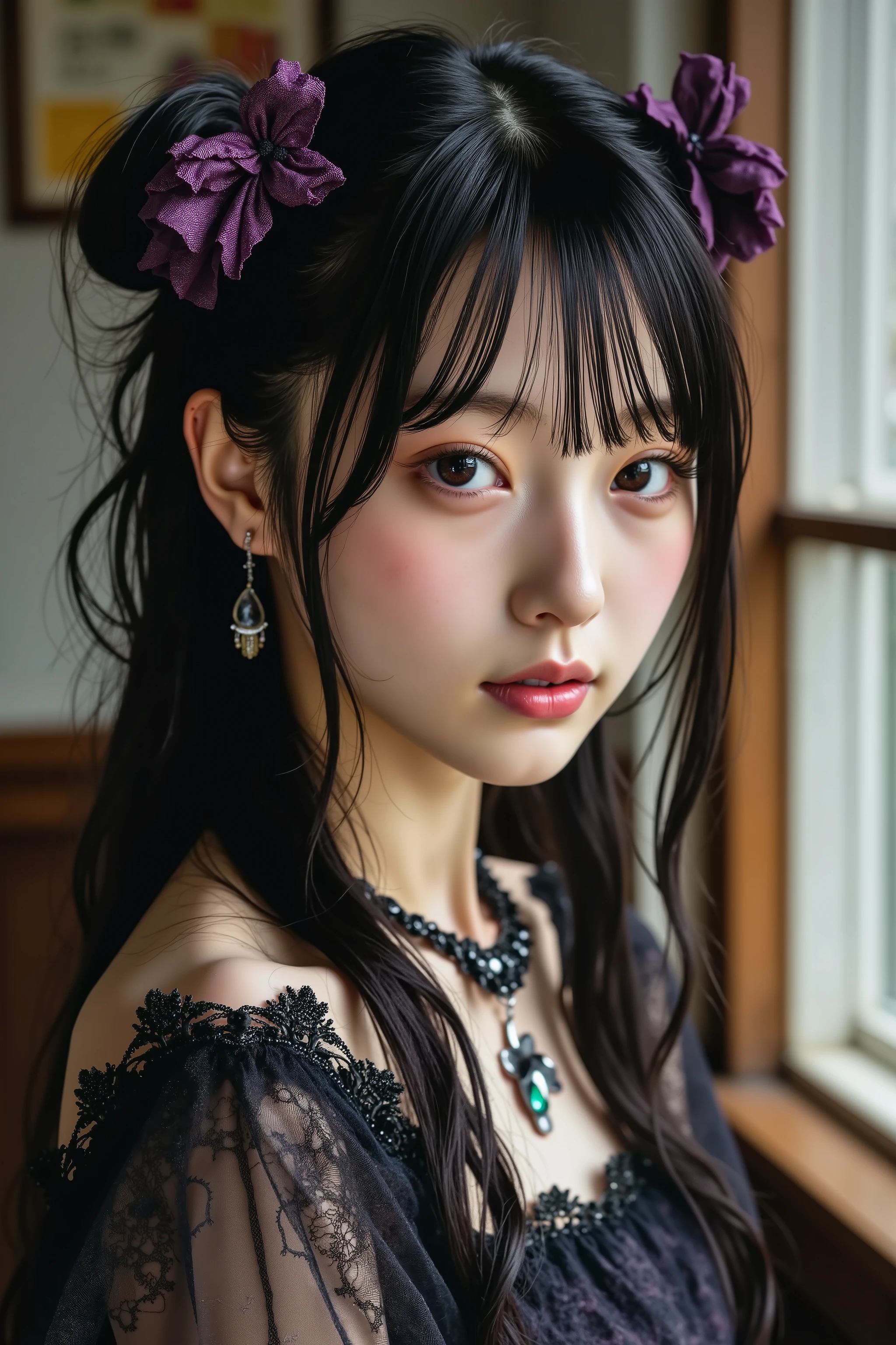 (masterpiece, Highest Quality:1.2), 1 girl, solo, A cinematic masterpiece portrait of a young Japanese woman with long, The flowing black hair is graceful Styled , adorned with intricate purple lace hair ornaments and delicate jewelry. This image、It features a realistic style with attention to detail, focuses on delicate features such as dark eyes, soft lips , She also has a few moles. She is wearing a gothic costume with a lace texture and a black necklace, The warm lighting enhances the atmosphere on the soft blurred background.