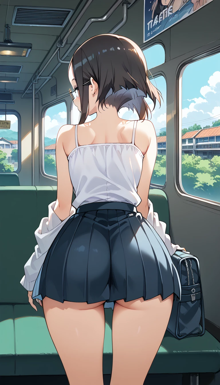 (masutepiece), Mature Schoolgirl, Sexy, posterior, Floral lace underwear, Natural light, Photorealistic, Cameltoe, diffuse glow, depth of fields, White skirt, steam, (Lift skirt), Lifelike、on train、Turn your ass to the viewer、embarassed expression