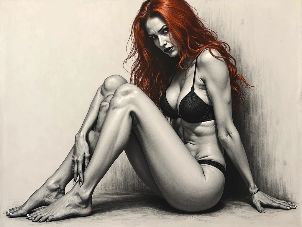 ((best quality)), ((masterpiece)), (detailed),
beautiful redhead, crouching woman with legs apart, has a tattoo with the inscription "ERO BULL"