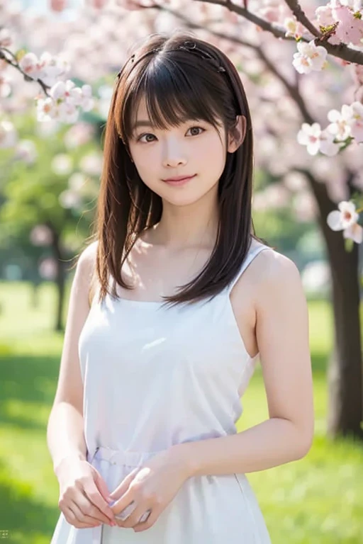 top-quality、超A high resolution、(photoRealstic:1.4)、red blush、cute little、(Detailed face)、Smile、Looking at the camera、The upper part of the body、komono、Sunnyday、a river、(cherry trees)、blue-sky、camisole pink