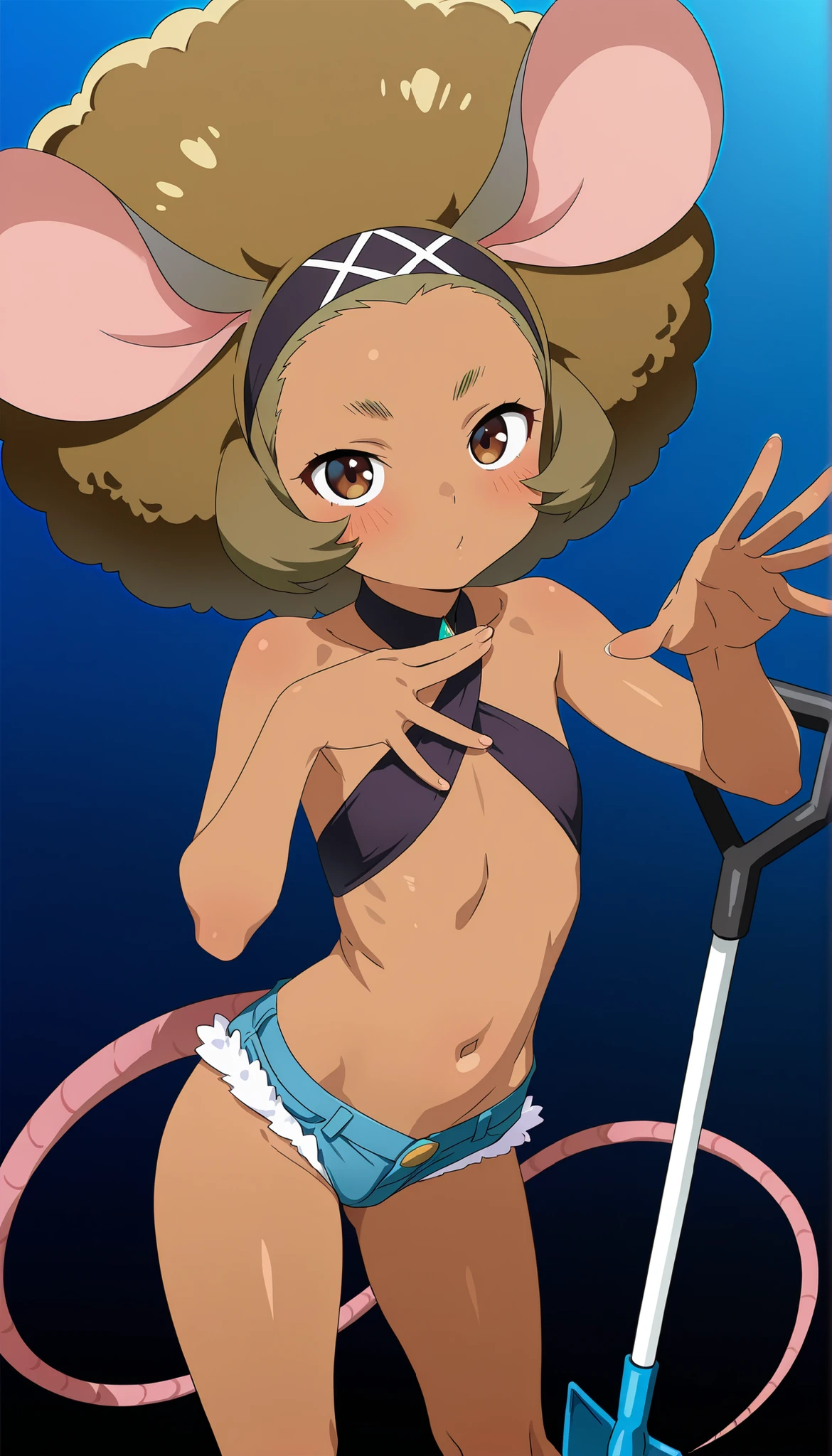 argo, 1girl, solo, breasts, looking_at_viewer, smile, short_hair, blonde_hair, navel, bare_shoulders, brown_eyes, sitting, collarbone, swimsuit, yellow_eyes, upper_body, ahoge, bikini, small_breasts, outdoors, shorts, day, midriff, stomach, flat_chest, tree, crop_top, facial_mark, antenna_hair, yellow_bikini, whisker_markings, yellow_shorts, huge tits