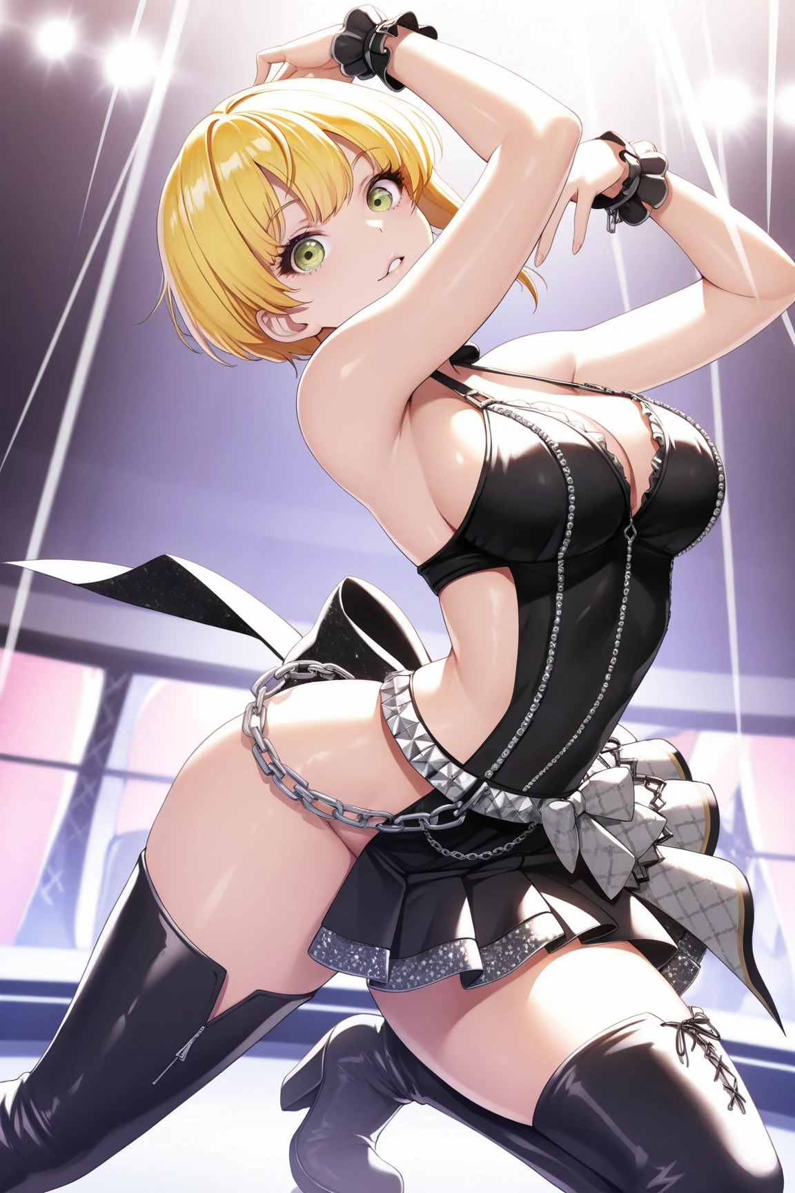 masterpiece, high quality, ((nobara kugisaki)), wearing a leather bodice, very short skirt, thighs visible, abdomen visible, bottom in a bald