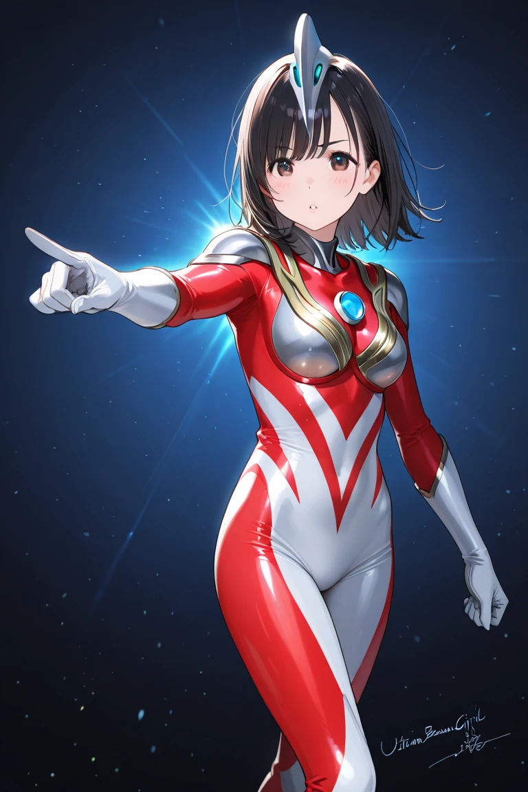 (masterpiece:1.2,Highest quality,Highest quality,High resolution,Very detailed),8k,1 female,Mature female heroine,40 years old,Woman transforming into Ultraman, (Dynamic Makeover:1.2),(Dynamic hair movement:1.2),(short hair),(Shiny Ultraman uniform),(Glowing Skin,Big eyes,Droopy eyes,Long eyelashes,Beautiful thighs,Beautiful Hair,Beautiful Face,Beautiful Eyes,Beautiful body,Beautiful breasts,Beautiful feet,Beautiful fingers),break((Ultraman)),((Ultraman_rise:1.5)),((hand)),(Raise your right fist straight up),(右handはパンチ),(Extend your right arm straight),((Detailed drawing of a fist),(Severe),(The background is a glowing prism flash),((Wrapped in dazzling light)),((Beautiful trading cards,Platinum Card))