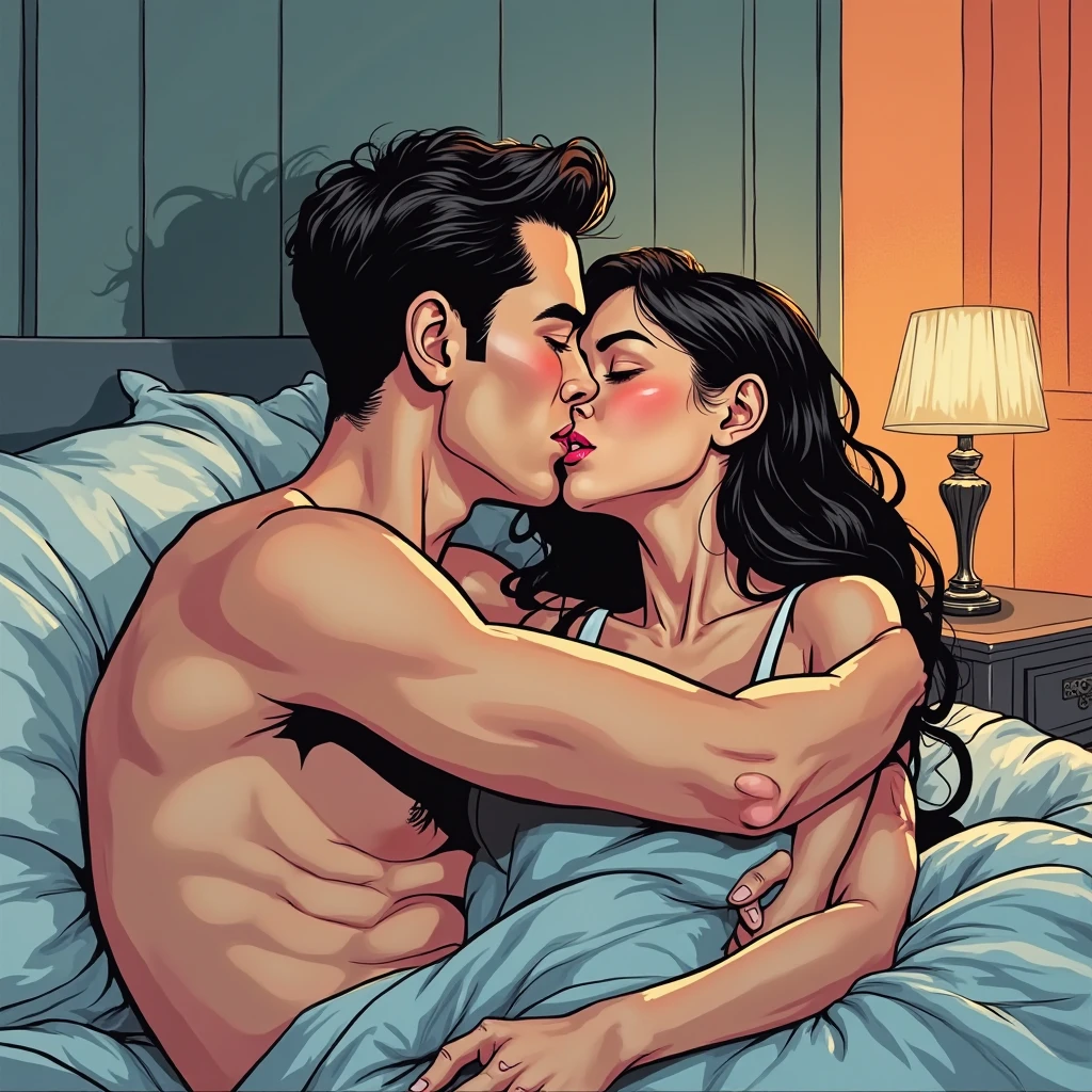 Amazing portrait of a young boy and woman passionately making out and kissing each other's lips touching and hugging tight and both are blushing intensely with their eyes closed in bed during night time and candles are lit