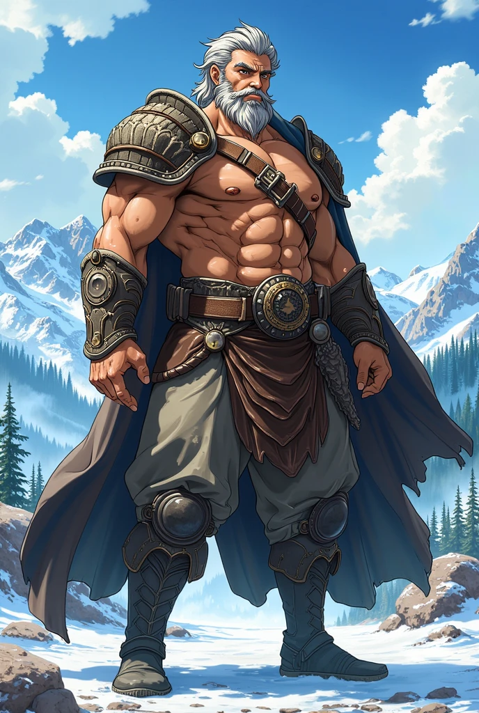 Mighty warrior, shirtless upper body, legs exposed from thighs to feet, cascading long curls, detailed muscular physique, lifelike depiction, 4K resolution. Background: Snow-covered mountain peak,32k uhd, best quality, masterpiece, super detail, high details