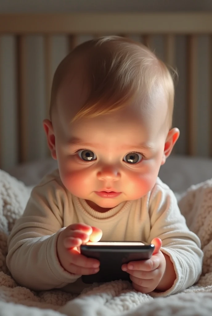 baby playing on her cell phone, red eyes