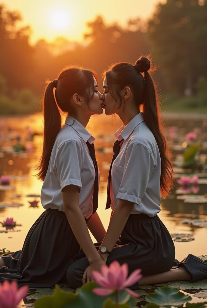 (masterpiece, best quality), perfect anatomy, two school girls are deeply in love with each other, kiss, romantic atmosphere, flower