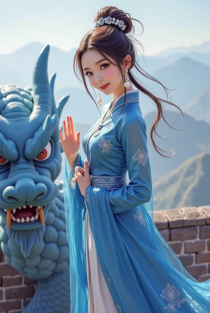 Brown hair girl and blue and white dragon
