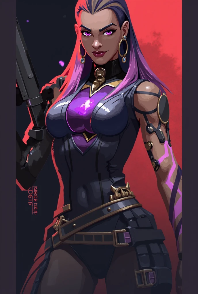 (masterpiece, best quality:1.2), intricate details, reyna, 1girl, bodysuit, gloves, multicolored hair, purple eyes, dark skin, makeup, tattoo, (mature female:1.2)