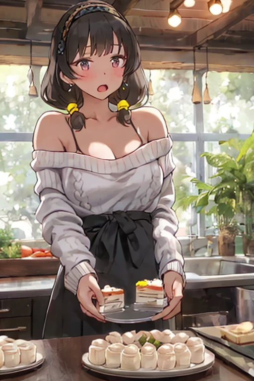 (small breasts:1.3), (perky chest:1.1), (pointed chest:1.0), (Pudding cake magazine cover:1.3),(from above:1.0),(from side:0.9),masterpiece, 1girl, Amazing Cleavage:1.1, thin waist, big ass, Raised sexy, small breast: 1.3, posed cleavage:1.2、solo, open mouth, have a cute grass of cute beergrass,black hair, dark green eyes, dress, bare shoulders, jewelry, collarbone, sidelocks, hairband, earrings, indoors, off shoulder, sweater, arms behind back, plant, short hair with long locks, gild hairband, sweater dress:1.2, off-shoulder sweater, red sweater, dark gord hair, big side hair, very long side hair,is rendered in (masterpiece: 1.2, best quality), with (ultra high resolution) and an exquisite (depth of field). This masterpiece is not only visually stunning but also tells,A scene of cooking in the kitchen by classroom ,looking at viewer,
