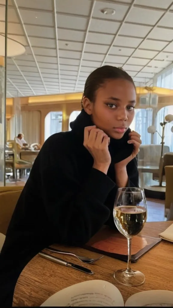 There is a woman sitting at a table with a plate and a glass of wine, Poarch bonito, linda senhora, Ela tem pele marrom oliva, beleza de cair o queixo, beleza de cair o queixo, looking defiantly at the camera, mas um olhar severo sobre ela, ter um jantar constrangedor, beleza estonteante, lindo lindo, suave em _ O pano de fundo
