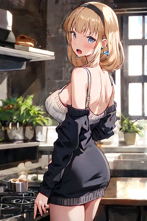 (dynamic angle:1.3, front view:0.9, breast focus:1.3, from below:1.2), (dynamic posing:1.5, sexy posing:1.3, leaning forward), (seductive smiling:1.3),masterpiece, 1girl, pointed chest:1.3,(double breasted:1.2,under bust:1.2), Amazing Cleavage:1.3, thin waist, big ass, Raised sexy, big breast: 1.2 posed cleavage:1.2、solo, looking at viewer, open mouth, silver bronde hair, blue eyes, bare shoulders, collarbone, sidelocks, hairband, sapphire earrings, indoors, red off shoulder sweater dress, arms behind back, short hair with long locks, blue gold hairband, big side hair, very long side hair is rendered in (masterpiece: 1.2, best quality), with (ultra high resolution) and an exquisite (depth of field). This masterpiece is not only visually stunning but also tells,A scene of cooking in the kitchen 