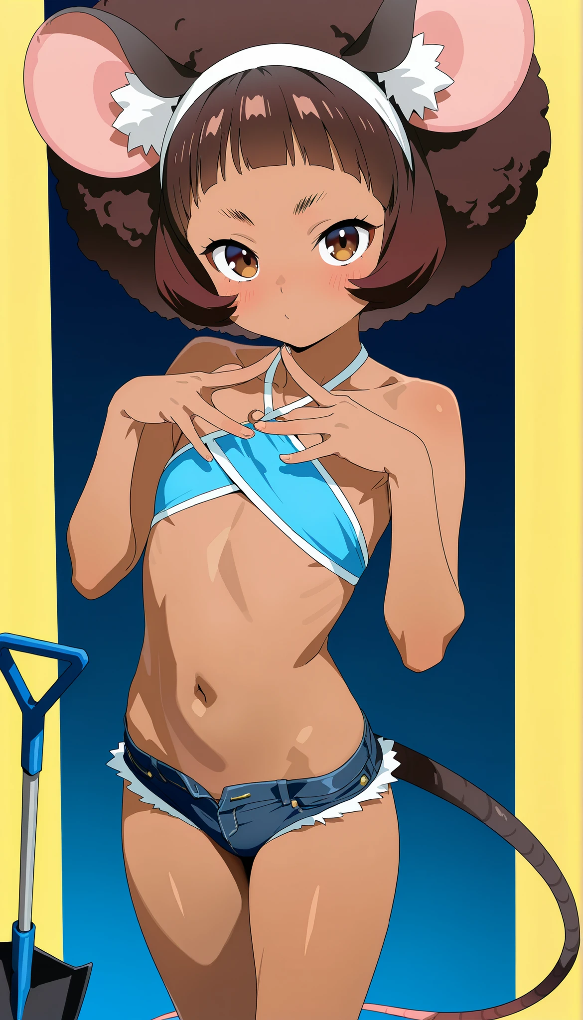 (masterpiece, best quality; 1.3), extremely detailed, ultra detailed, 1 girl, alone, smile, looking at viewer, smile, brown eyes, NabikiWaifu, big breasts, micro bikini, ((roll of bills)), :D, in a dark and dirty alley,