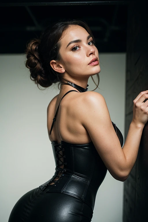 Photo of a stunningly beautiful white woman, ((Portrait)), ((Detailed face:1.2)), ((long brown braided hair)), wrapped in leather outfits, ((Intimate environment)), ((Warm color tone)), Reflectors, ((Masterpiece) (perfectly proportions)(photos realistic)(Best Quality) (Detailed) photographed with a Canon EOS R6, 35mm Lens, F/1.4, shallow depth of field, (4K) (Wallpaper) (High Contrast Lighting) (Sensual) Fashion, From the side.