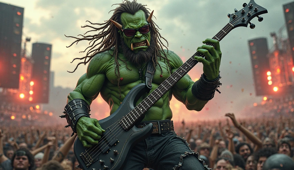 Create a green-skinned orc who is a heavy metal fan and is 2 meters tall and is both muscular and fat at the same time in world