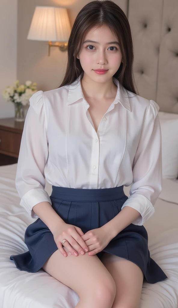 masterpiece, Highest quality, High resolution, Very detailed, Detailed Background,(Fraurem Chrome, (Black Hair, Semi-long hair, Blue ribbon in ponytail),(White blouse, Blue short ribbon tie, Blue long skirt), small, Neat, Iris,study, A kind smile), Scale out, Chic study, vase