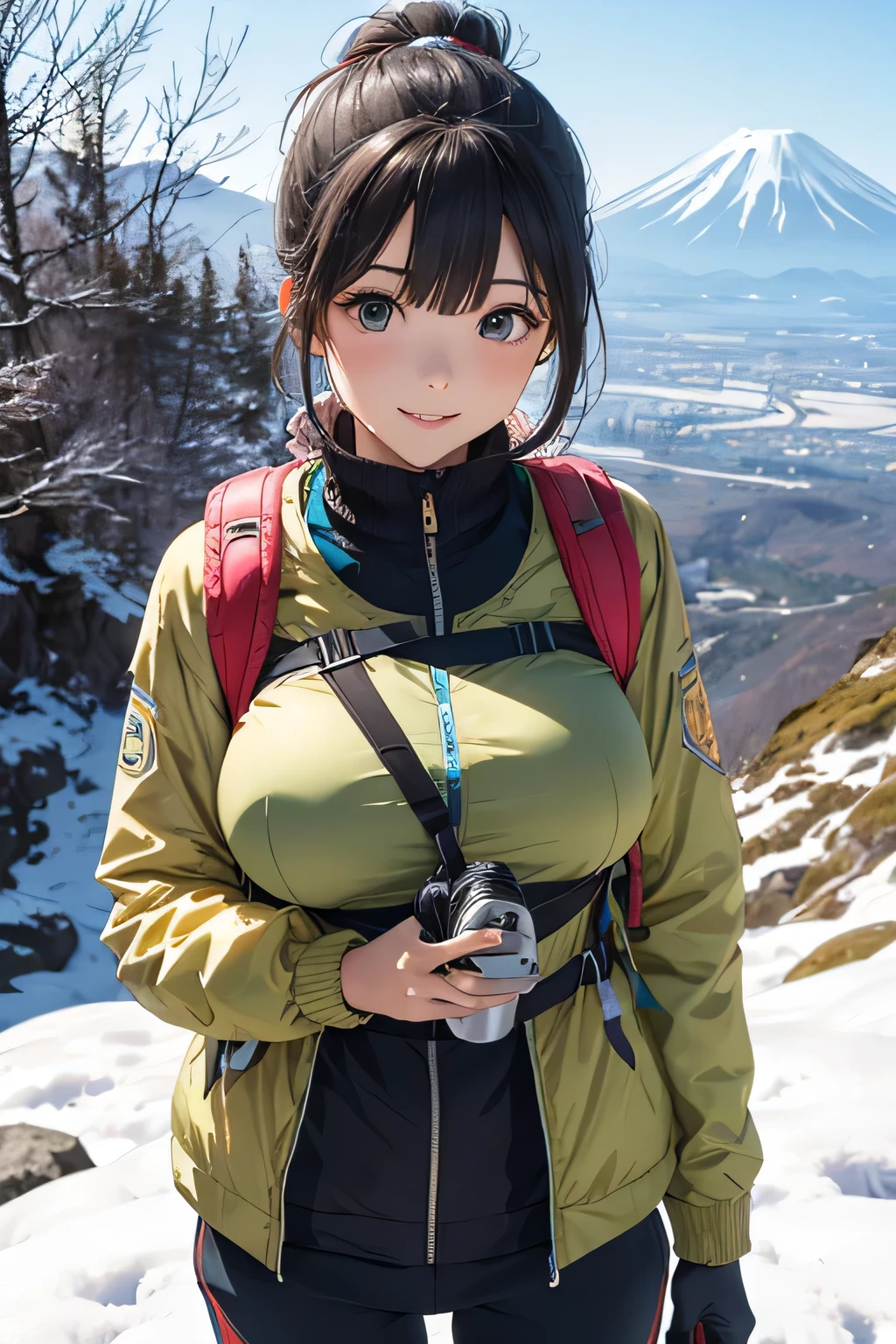 (Best quality), Big head, face confused, (yukiko with huge breasts:1.2) Wear hiking clothes in the forest, at winter season, Portrait