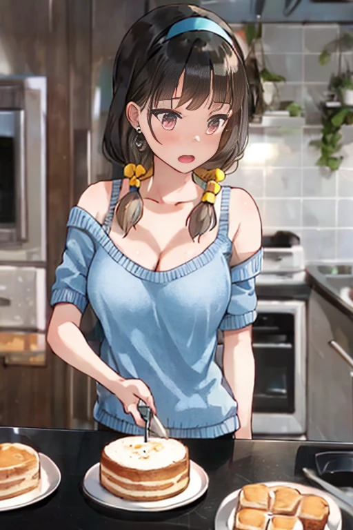 masterpiece, yor, 1girl, Amazing Cleavage:1.3, thin waist, big ass, Raised sexy, medium breast: 1.8 posed cleavage:1.2、solo, looking at viewer, open mouth, have a cup of coffee,black hair, red eyes, dress, bare shoulders, jewelry, collarbone, sidelocks, hairband, earrings, indoors, off shoulder, :o, sweater, arms behind back, plant, short hair with long locks, white hairband, off-shoulder dress, sweater dress, off-shoulder sweater, red sweater, big side hair, very long side hair,is rendered in (masterpiece: 1.2, best quality), with (ultra high resolution) and an exquisite (depth of field). This masterpiece is not only visually stunning but also tells, make of pasta cooking ,in the kitchen