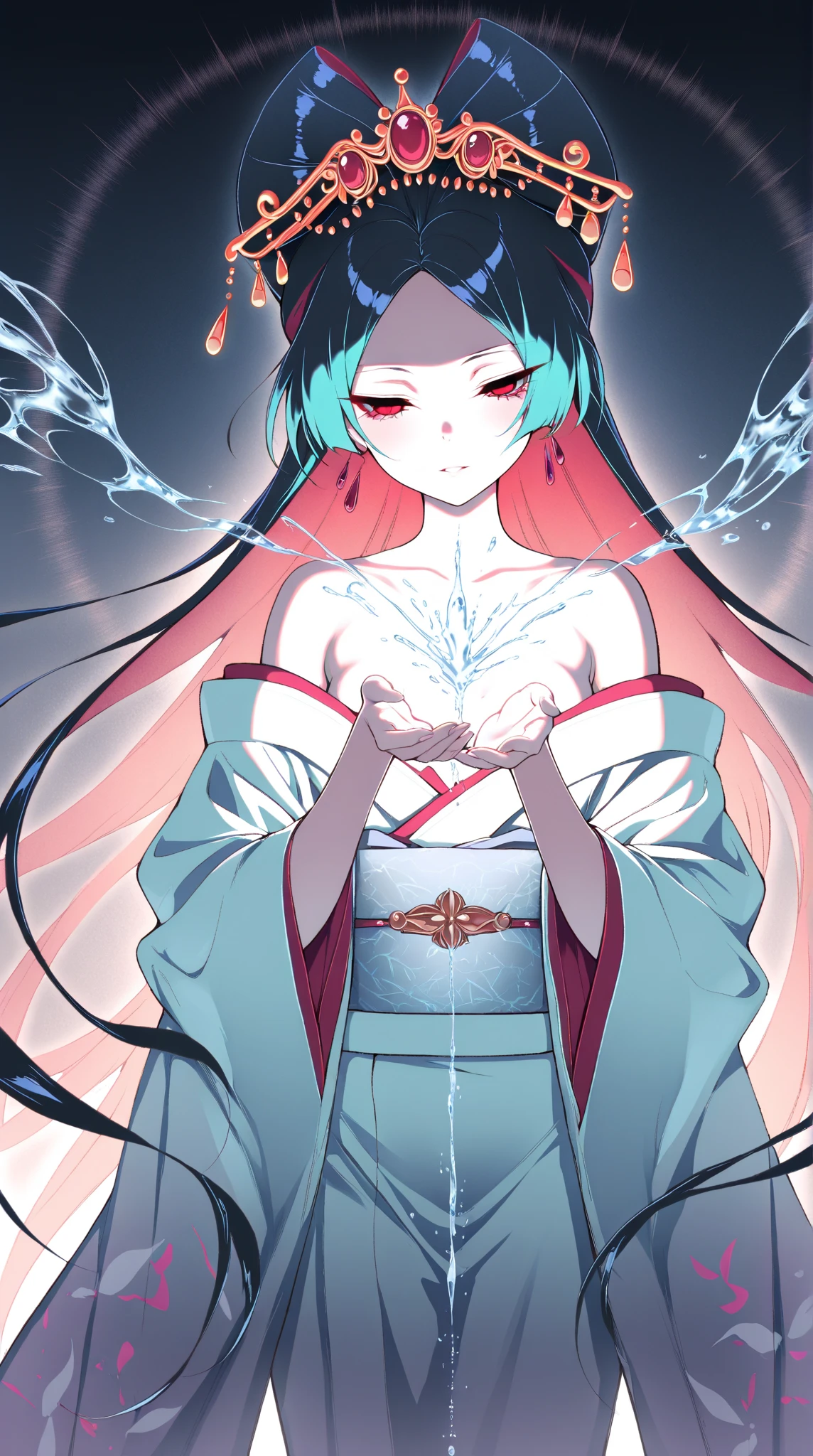 Anime girl with long black hair and green dress with white balls, Amaterasu, anime goddess, god of white hair, flowing hair and long robes, inspired by Chen Jiru, art style of the Warring States period, Akira in Chinese mythology, goddess of Japan, Warring States period, inspired by Joetsu, portrait of an onmyoji, Japan anime style, ferocity, divinity, sacred,