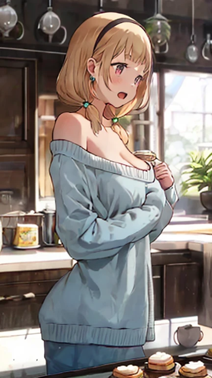 (dynamic angle:1.3, front view:0.9, breast focus:1.3, from below:1.2), (dynamic posing:1.5, sexy posing:1.3, leaning forward), (seductive smiling:1.3),masterpiece, 1girl, pointed chest:1.3,(double breasted:1.2,under bust:1.2), Amazing Cleavage:1.3, thin waist, big ass, Raised sexy, big breast: 1.2 posed cleavage:1.2、solo, looking at viewer, open mouth, silver bronde hair, blue eyes, bare shoulders, collarbone, sidelocks, hairband, sapphire earrings, indoors, red off shoulder sweater dress, arms behind back, short hair with long locks, blue gold hairband, big side hair, very long side hair is rendered in (masterpiece: 1.2, best quality), with (ultra high resolution) and an exquisite (depth of field). This masterpiece is not only visually stunning but also tells,A scene of cooking in the kitchen 