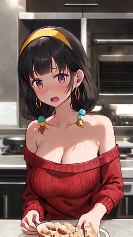 masterpiece, yor, 1girl, Amazing Cleavage:1.3, thin waist, big ass, Raised sexy, medium breast: 1.8 posed cleavage:1.2、solo, looking at viewer, open mouth, have a cup of orange juce,black hair, red eyes, dress, bare shoulders, jewelry, collarbone, sidelocks, hairband, earrings, indoors, off shoulder, :o, sweater, arms behind back, plant, short hair with long locks, white hairband, off-shoulder dress, sweater dress, off-shoulder sweater, red sweater, big side hair, very long side hair,is rendered in (masterpiece: 1.2, best quality), with (ultra high resolution) and an exquisite (depth of field). This masterpiece is not only visually stunning but also tells, make of cake cooking ,in the kitchen