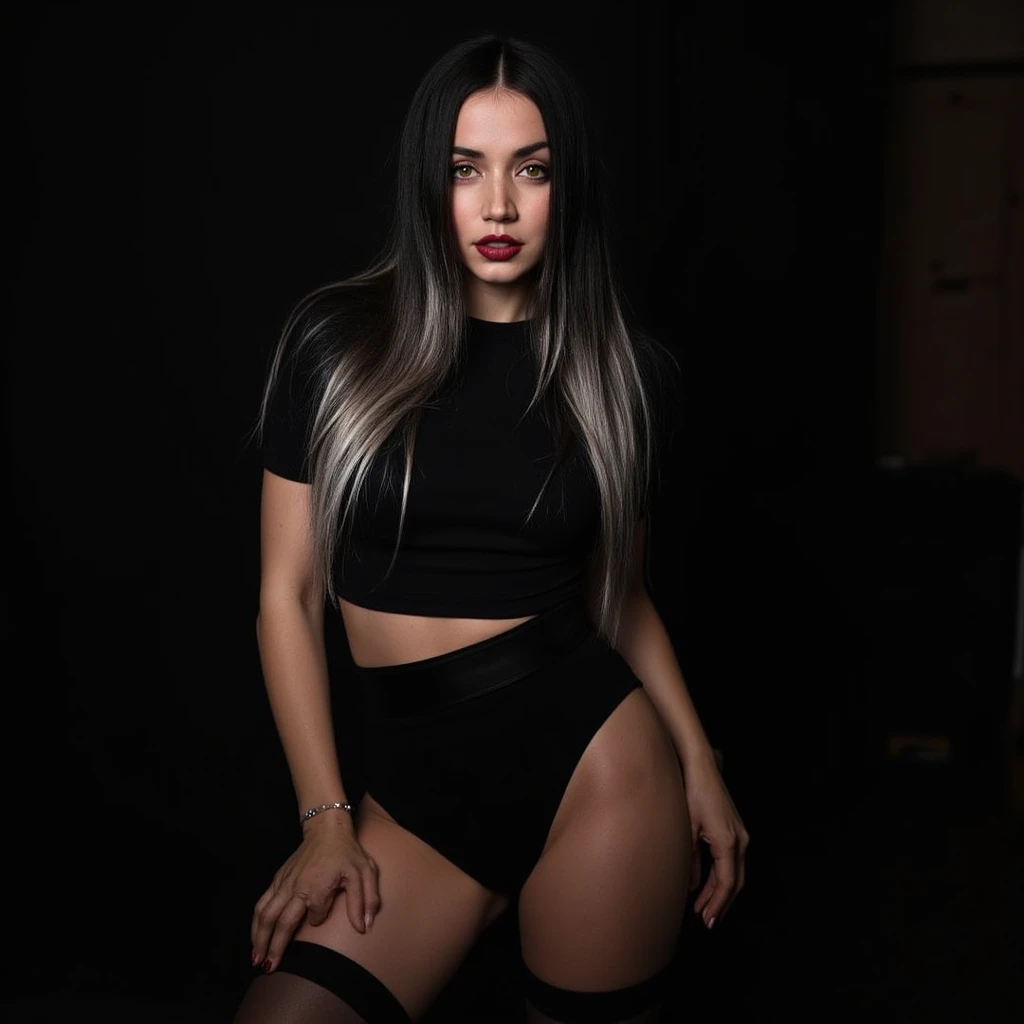 beautiful model, silver hair, brown eyes, long hair, hourglass waist, wide legs, medium breasts, big buttocks, Black Bra, blue jacket, black platform heels, grey background, full body, athletic body, posing, black dress, mouth ajar