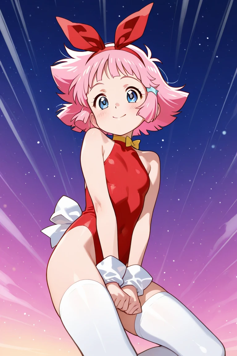 (( One Girl)), (Browsing Caution)、blush,Pink Hair、Wavy Hair、、white forehead protector、Green Eyes、(((Red leotard))) ,on stage、Flat Chest、Big Ass、((Thick thighs))、Sweat、((:D))、surprised、(Straight hair)、Sit on、Spread your legs、(White shoulder rest)、Gold decoration、Blue Crystal