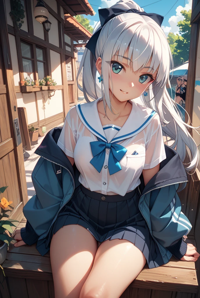 very cute and beautiful girl,(Very detailed美しい顔), (smile),blush,Black Hair,Seraphim,((White Hair、long hair)),(White Shirt、Pleated navy blue pread your legs、Squat)、Sitting、(From below)、(Lace panties), Country road, (Highest quality,masterpiece:1.0),Absurd,High resolution,Super detailed,Very detailed,32K,8k resolution, Intricate details,Movie Scenes,Detailed Background,alone,Dynamic Angle,