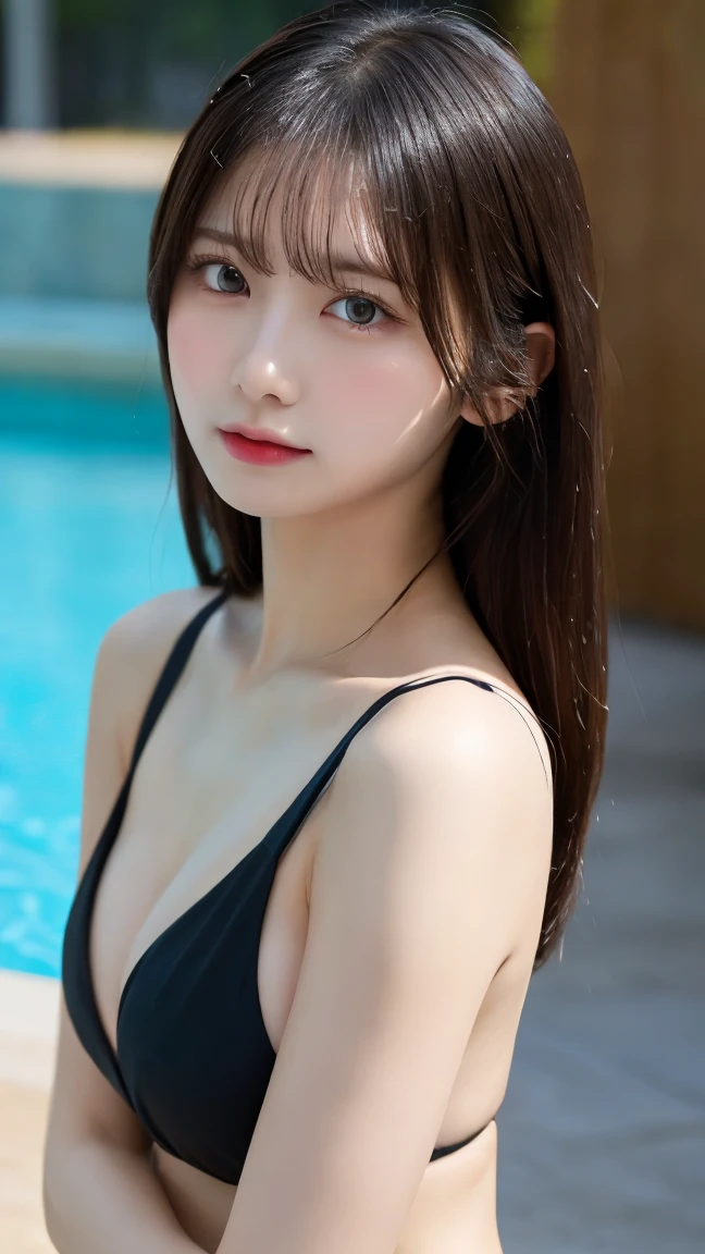 Tabletop, Highest quality, shape, Very detailed, finely, High resolution, 8k wallpaper, Perfect dynamic composition, In the pool, Beautiful and detailed, Swimwear,比基尼, Random cute hair,,Natural color lip, Bold sexy pose,smile、20-year-old girl、cute、Sexy shot looking at camera,Always blur the background,Perfect and beautiful face,Take a picture of only the face,Beautiful and elaborate face、Slim face and figure,Big eyes、Putting on gal makeup