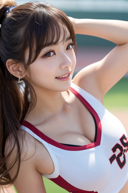 (8k, RAW photo, best quality, masterpiece: 1.2), (realistic, realistic: 1.37), ultra-high resolution, photon mapping, teleportation, physically based rendering, 1 girl, (brunet: 1.3), detailed face, detailed eyes, huge breasts, shiny skin, (pureerosface_ v1:1.0), standing, looking at the audience, (light smile cute: 1.2), (happy), healing cute, (Basketball Court: 1.2), (evening: 1.2), (dark theme: 1.5), Red basketball vest,Holding basketball in hand,