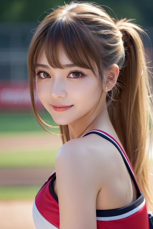(8k, highest quality, masterpiece: 1.2), Super detailed, highest quality, Ultra-high resolution, Professional Lighting, Photon Mapping, Radio City, Physically Based Rendering, Cinema Lighting, Depth of written boundary, focus on, Sun rays, Good composition, (Bokeh: 1.2), 1 girl, (whole body), smile, Beautiful Eyes, Pause, narrow, Brown Hair, ponytail, Cheerleader,