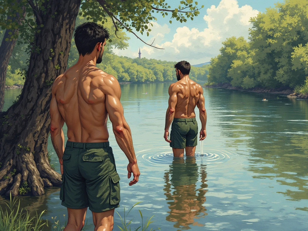 Full body, Scantly dressed, ((two males, men)), by a scenic lake, muscular, handsome, ((White briefs)), Bulge, very detailed detailed paint ,((Brush stroke texture)), Canvas texture, style by Leonardo Da Vinci,