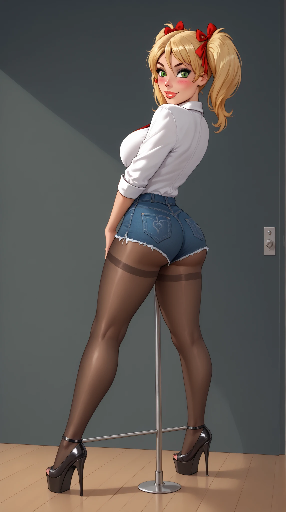 Create an nfsw image of a 35-year-old woman with super realistic anatomy, small waist, big buttocks, big hips, sensual legs, sensual feet, with a body wet with sweat, short hair, wearing a black thong. Lace, fishnet stockings with light black blue heels, a small choker, in a kneeling position, showing her big butt